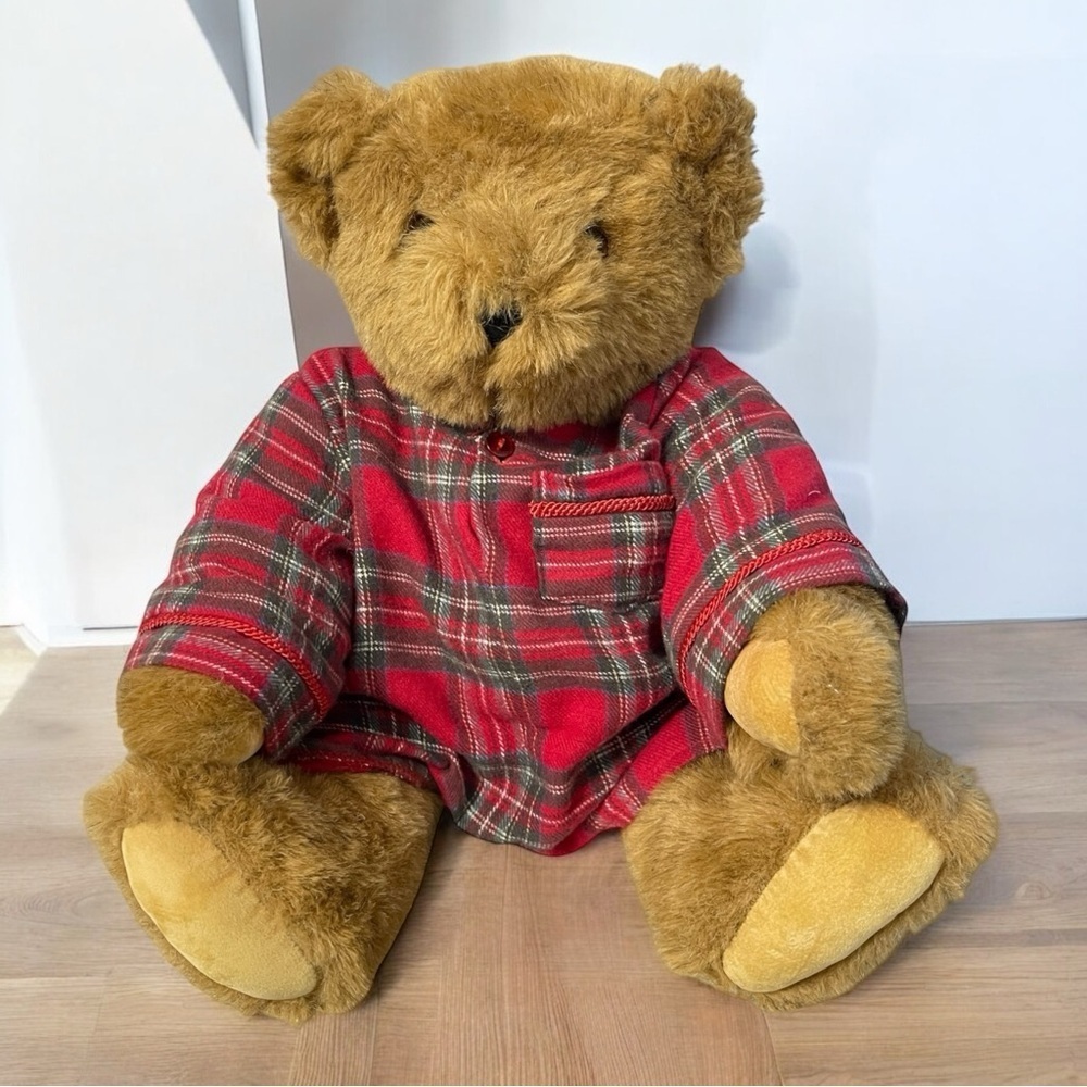 Vermont Teddy Bear Brown Plaid Nightshirt 15" Jointed Made In USA Collectible - Picture 5 of 6